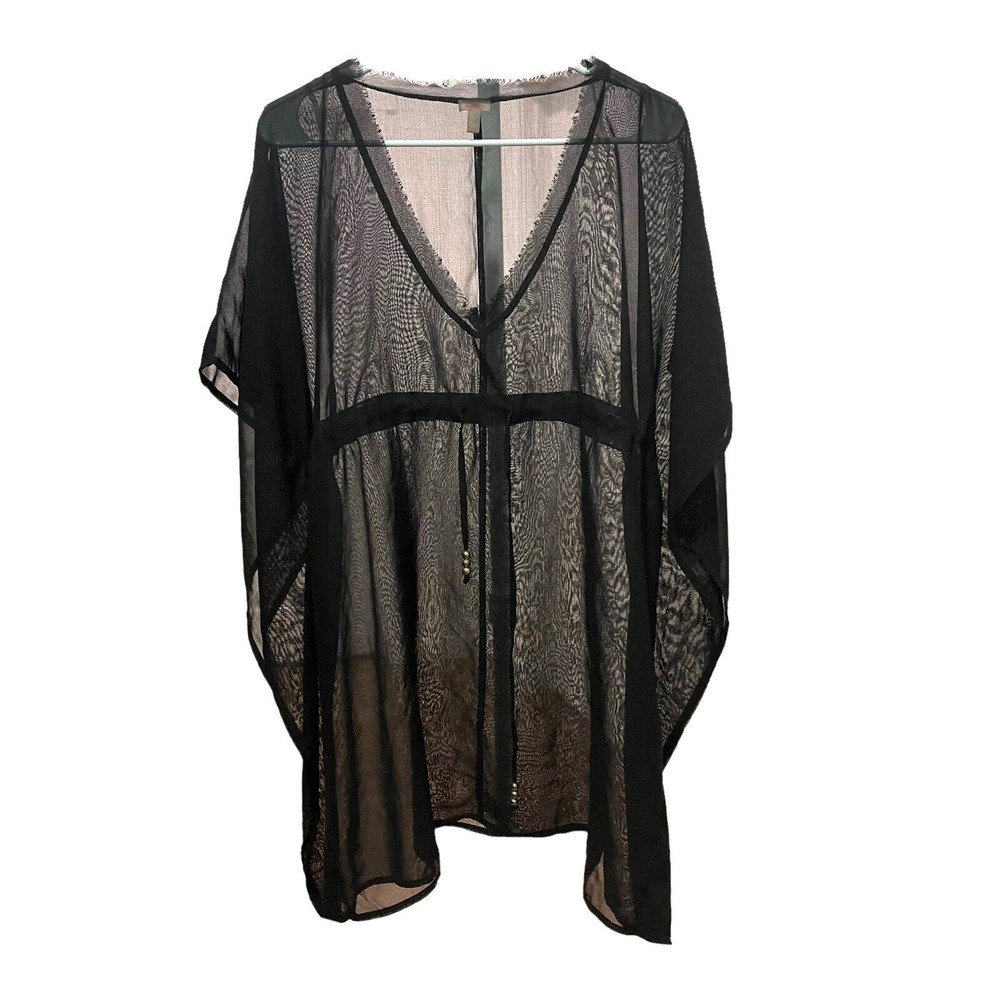 Echo 1 Size Black Sheer Chiffon Swim Cover up with draw string waist Raw v neck